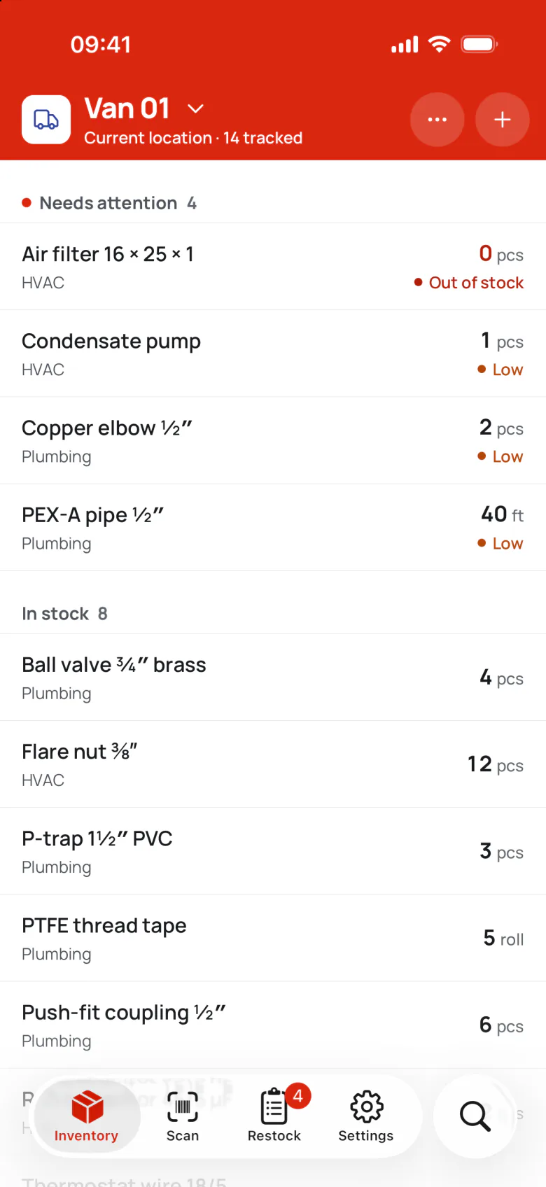The Stoccr iPhone app on Van 01: four items need attention, followed by the items in stock.