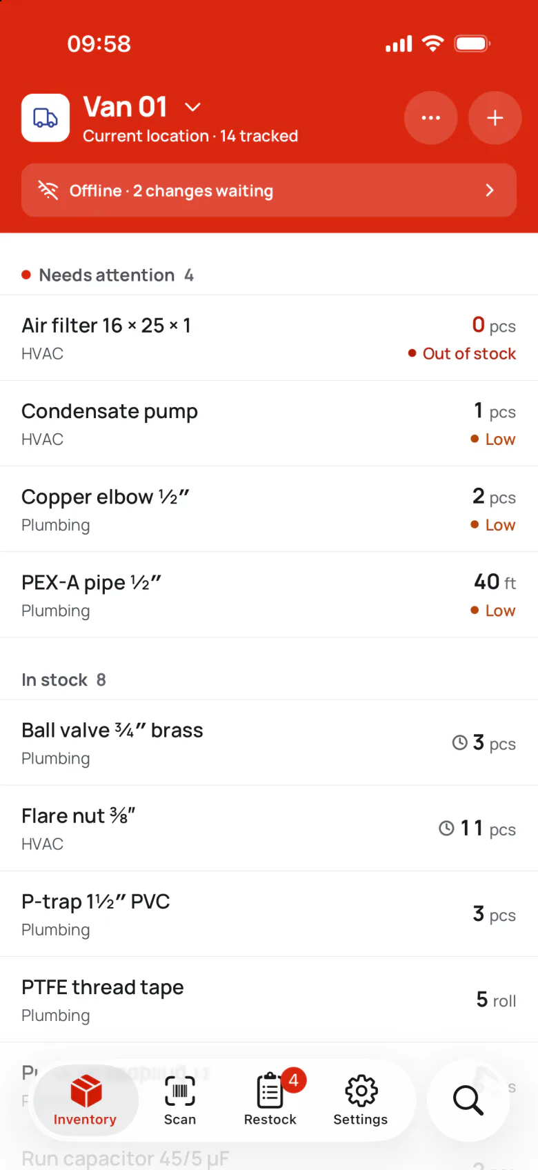 Van 01 in the iPhone app with the header row Offline · 2 changes waiting, and a waiting mark next to Ball valve and Flare nut.