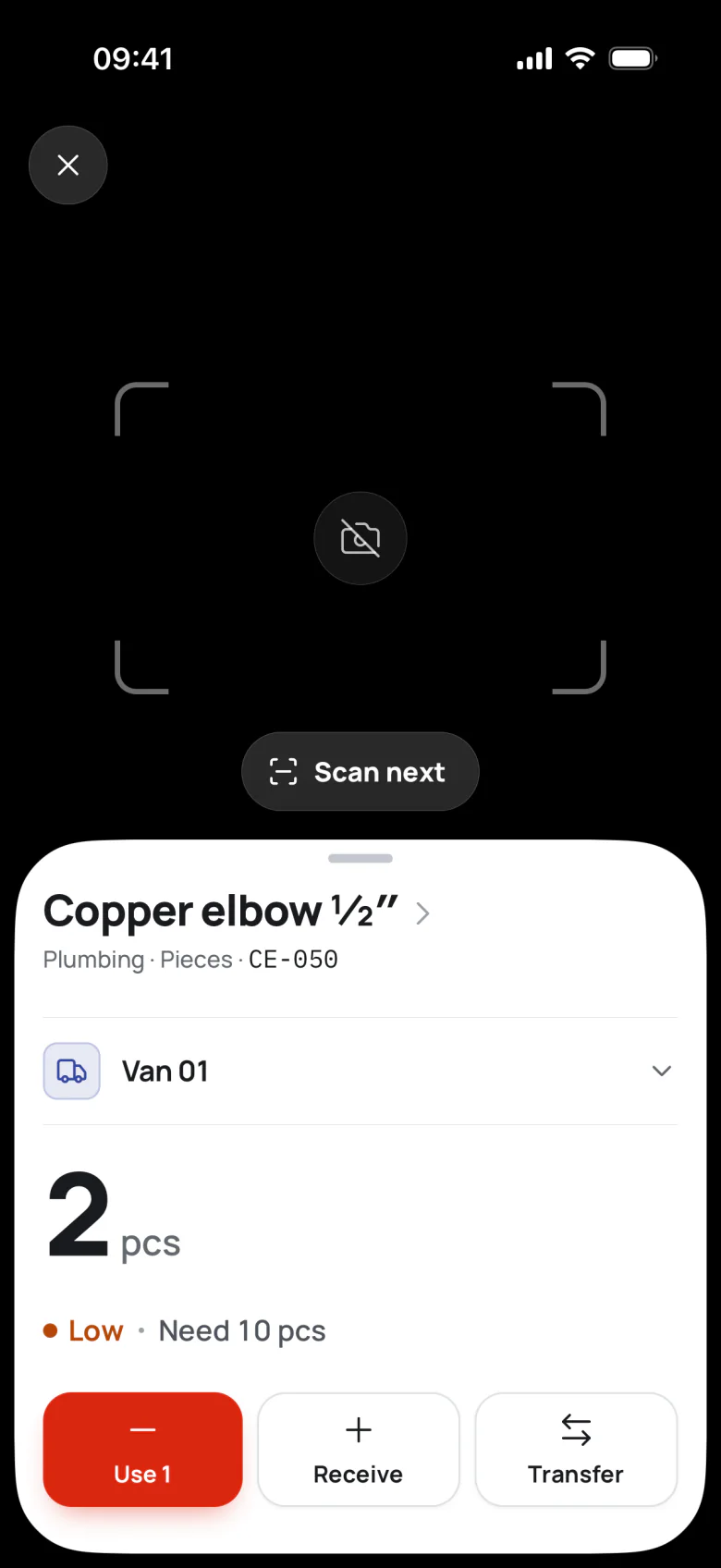 Scanning Copper elbow ½″ in Van 01: the card shows 2 pcs, Low, need 10, with Use 1, Receive and Transfer.