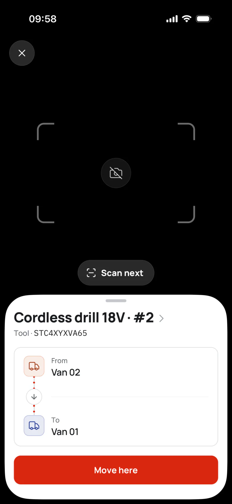 Scanning the label on Cordless drill 18V #2: it is in Van 02, with Move here to Van 01.