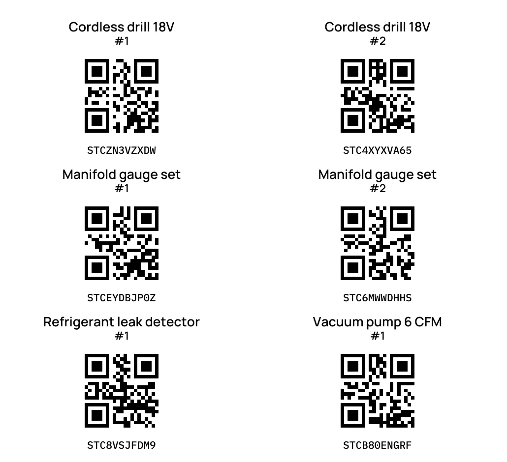 Part of a printed Stoccr label sheet: QR code labels for Cordless drill 18V #1 and #2, Manifold gauge set #1 and #2, Refrigerant leak detector #1 and Vacuum pump 6 CFM #1.